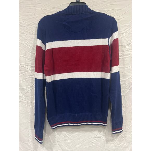 Born Fly Cardigan Long Sleeve Knit Sweater Mens Small Blue Maroon Striped - Picture 2 of 7